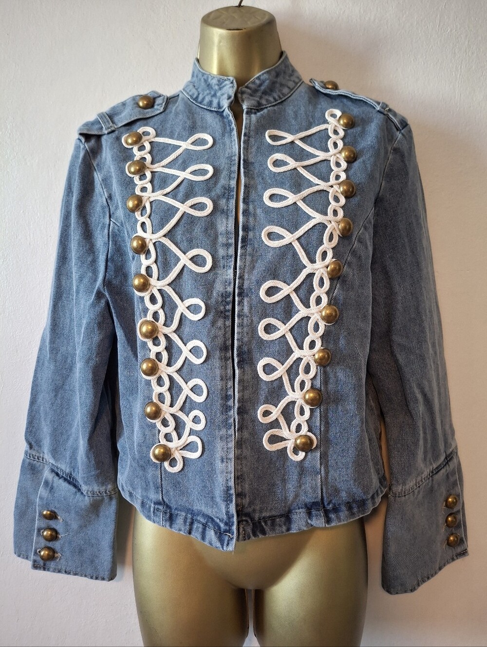 Denim Military-Style Jacket with White Braid & Brass Buttons